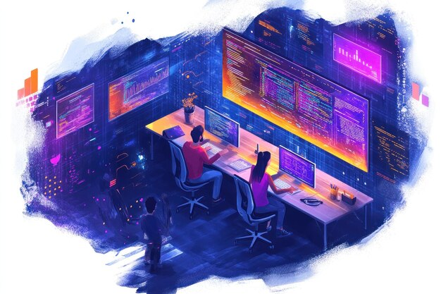 two programmers working on a project surrounded by large computer monitors displaying code and data