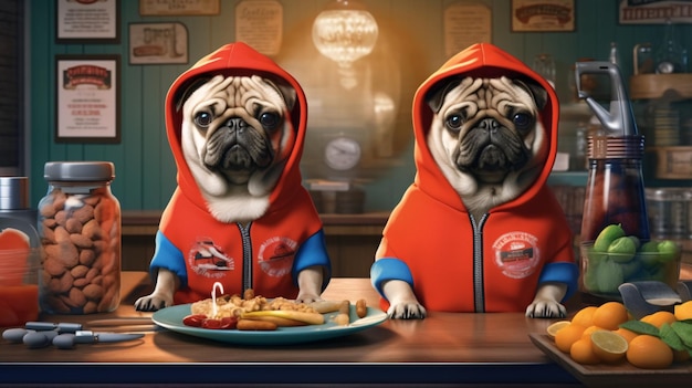 Two pugs in hoodies sit at a table in front of a clock.