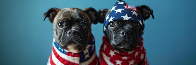 Two pugs in patriotic bandanas and hats American holiday and pet fashion concept