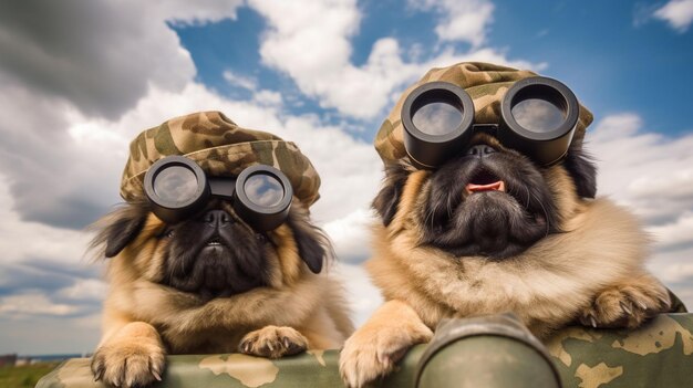 Two pugs wearing military hats and looking out of a military vehicle