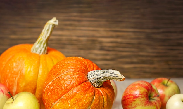 Two pumpkins and apples closeup on a wooden background