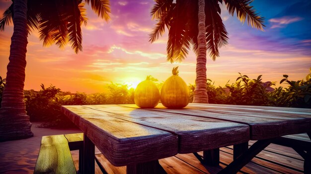 Two pumpkins sitting on picnic table with the sun setting in the background generative ai