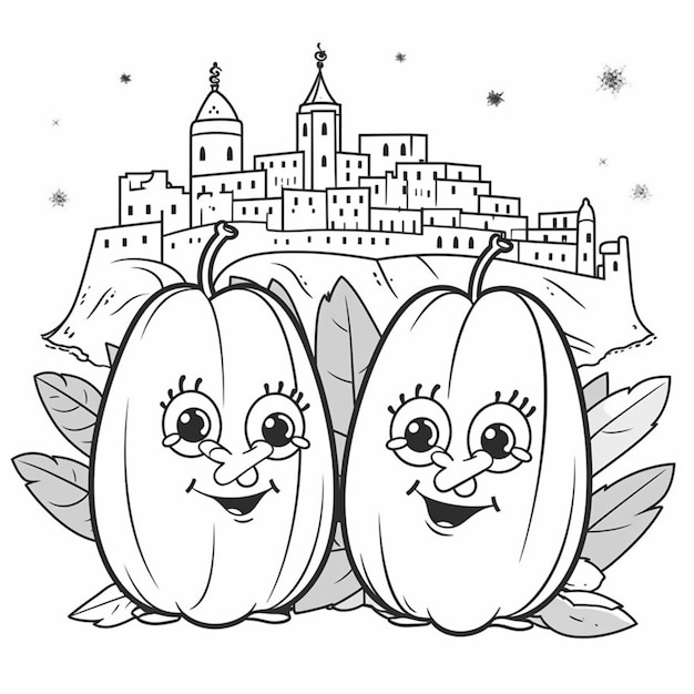 two pumpkins with faces and a castle in the background generative ai