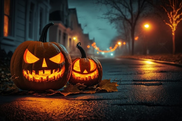 Two pumpkins with the word halloween on them