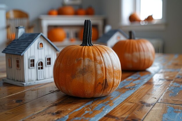 Two Pumpkins on Wooden Table