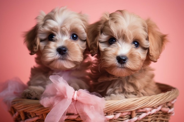 Foto due cuccioli in un cestino su uno sfondo rosa