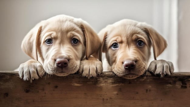 Two puppies looking out of a wooden box