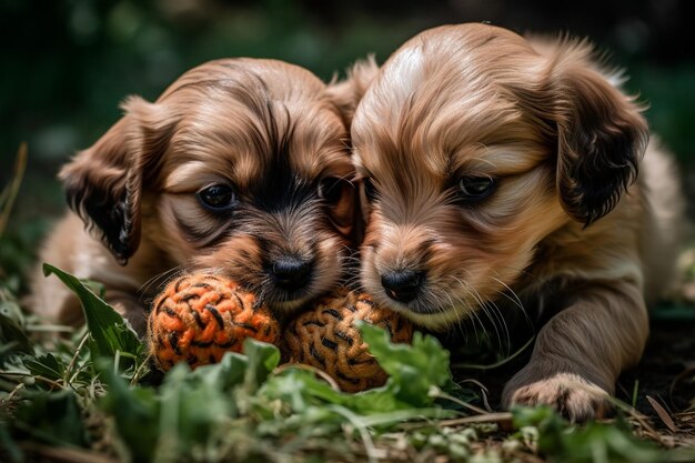 Фото Два щенка играют с сосновым конусом.