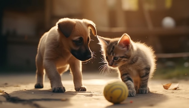 Two puppies playing with a ball