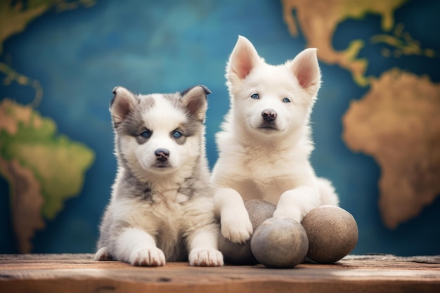 Two puppies sit on a table with a world map behind them.