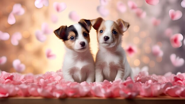 Two puppies sitting in a box with pink flowers in the background