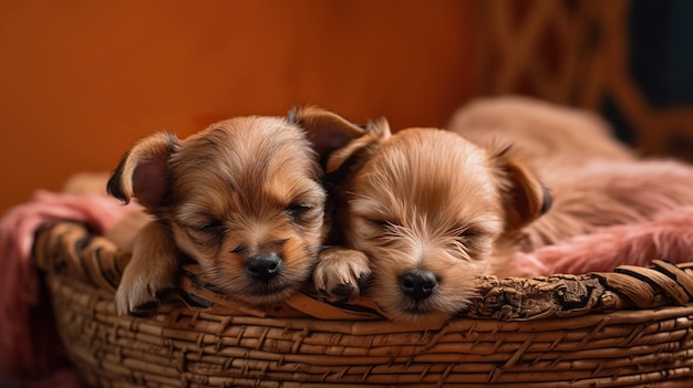 Two puppies sleeping in a basket