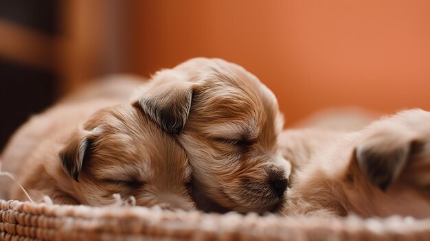 Two puppies sleeping on a bed