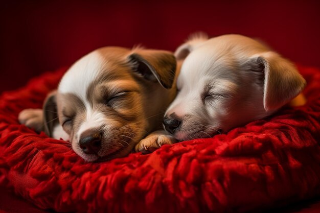 写真 赤い毛布の上で眠っている2匹の子犬