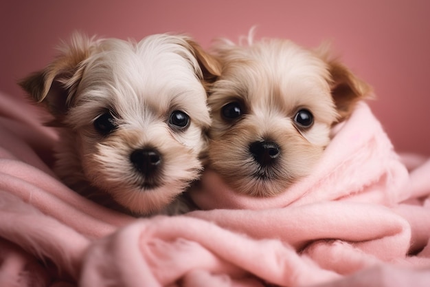 Foto due cuccioli avvolti in una coperta rosa