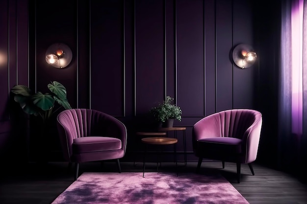 Two purple chairs with a small table and a lamp on the side.