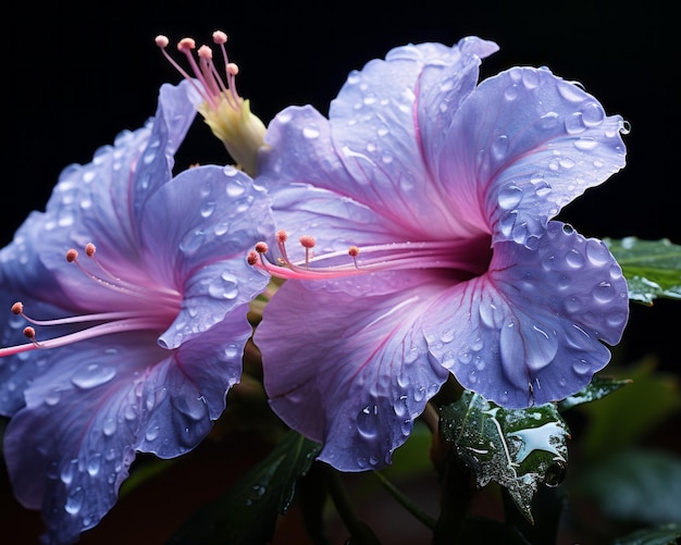 two purple flowers with water droplets on them