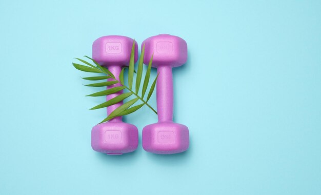 Two purple plastic kilogram dumbbells on a blue background, top view. Sports Equipment