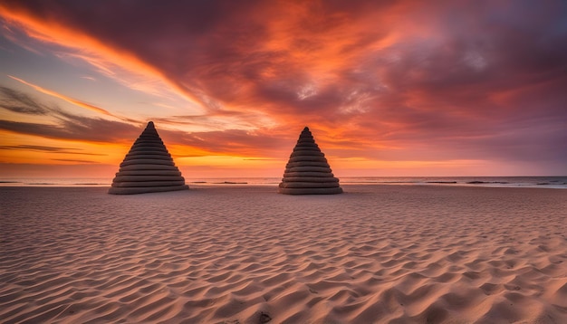 two pyramids with the sunset behind them