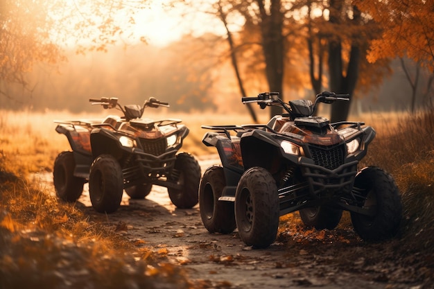 Two quad bikes on a dirt road with the sun shining on them Generative AI