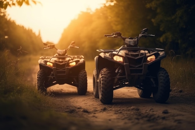 Two quad bikes on a dirt road with the sun shining on them Generative AI