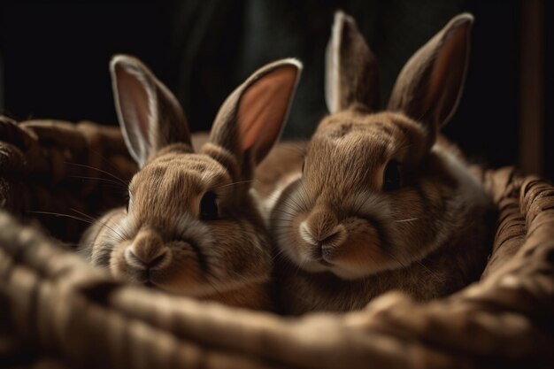 Photo two rabbits are in a basket with one being held up by a man.