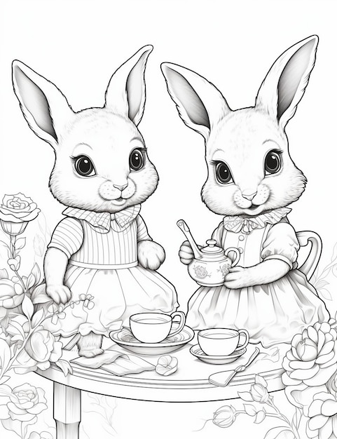 two rabbits are on a drawing of a table with a cup of tea.