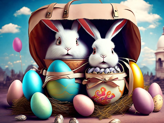 Two rabbits are sitting in a basket with easter eggs.