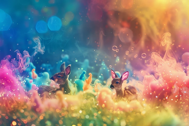 Two rabbits are sitting in a field of colorful flowers