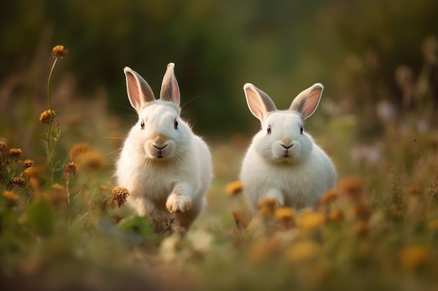 Two rabbits are sitting in a field of flowers.