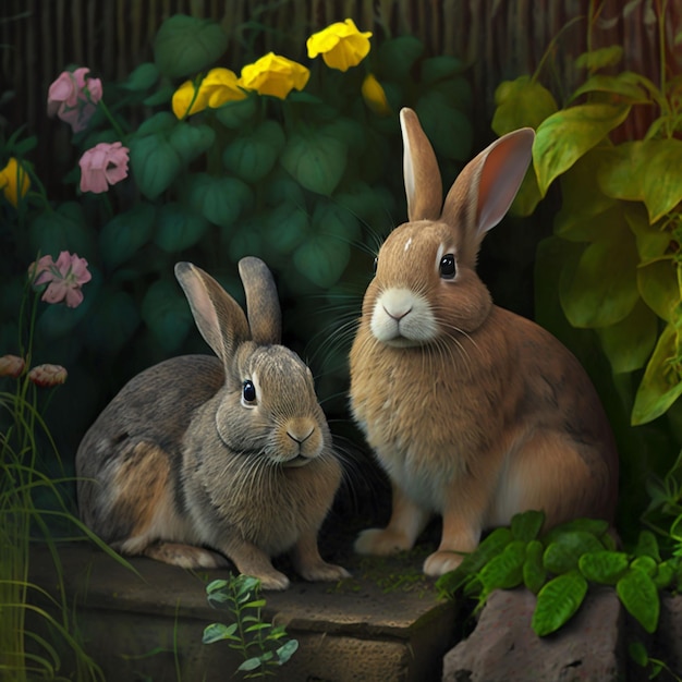 Two rabbits are sitting in a garden with flowers and plants.