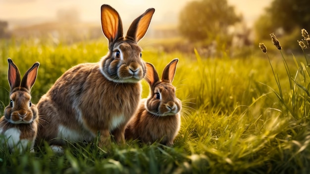 Two rabbits are standing in field of grass and flowers with their ears perked up looking alert