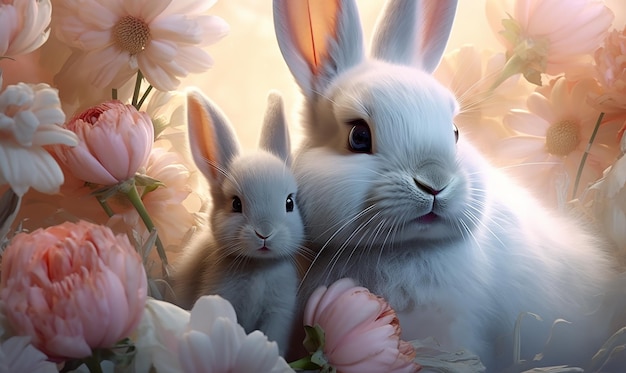 two rabbits are standing in front of flowers and one is holding a flower