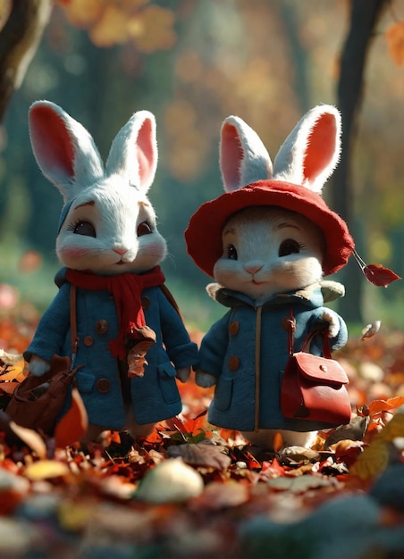 two rabbits are standing in the leaves one has a red bag on her hand