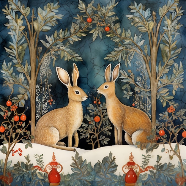 Two rabbits are standing in a row with trees and flowers.