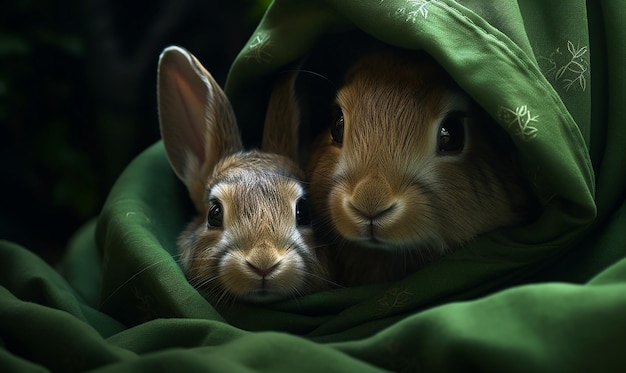 写真 2匹のウサギが緑の毛布に包まれている