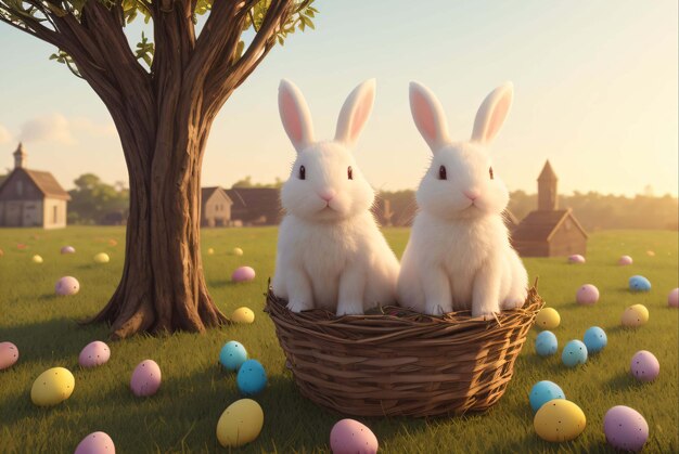 Two rabbits in a basket with easter eggs in the background