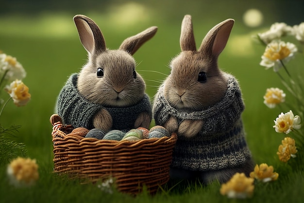 Two rabbits in a basket with easter eggs