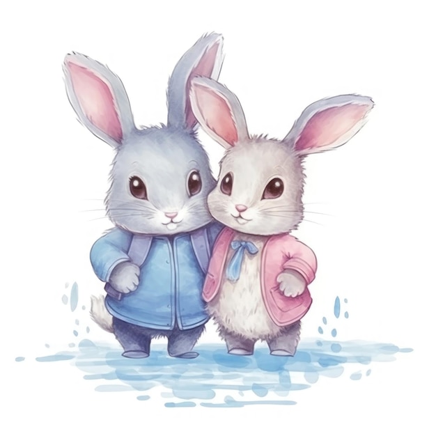 two rabbits in a blue sweater and a pink sweater are standing in a puddle of water.