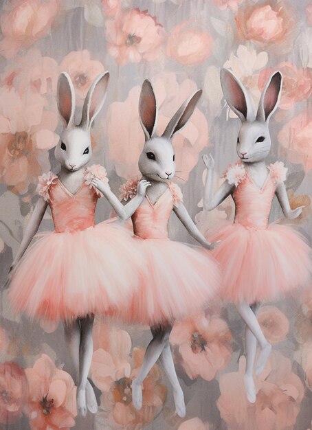 バレエダンサーの服を着た2匹のウサギ