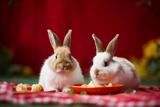 Two rabbits eating food on a red table