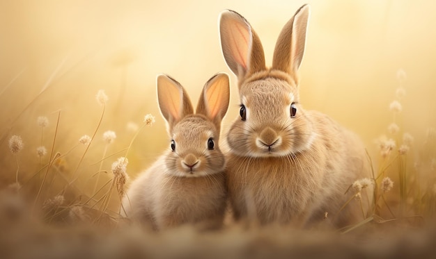 two rabbits in a field of dandelions