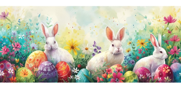 Two rabbits in a field of flowers and easter eggs on grass aige