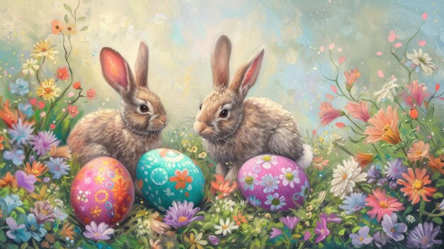 Два кролика в поле цветов и пасхальные яйца на траве