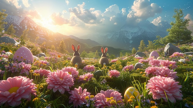 two rabbits in a field of flowers with mountains in the background