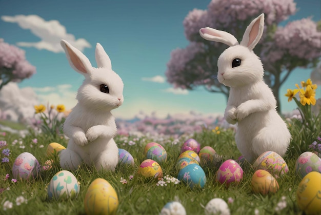 Two rabbits in a field with easter eggs