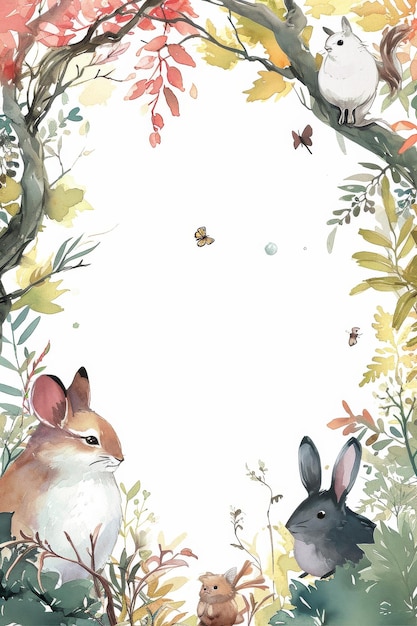 Photo two rabbits in forest watercolor painting