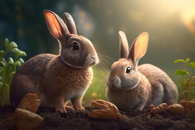 Two rabbits in a forest with leaves on the background