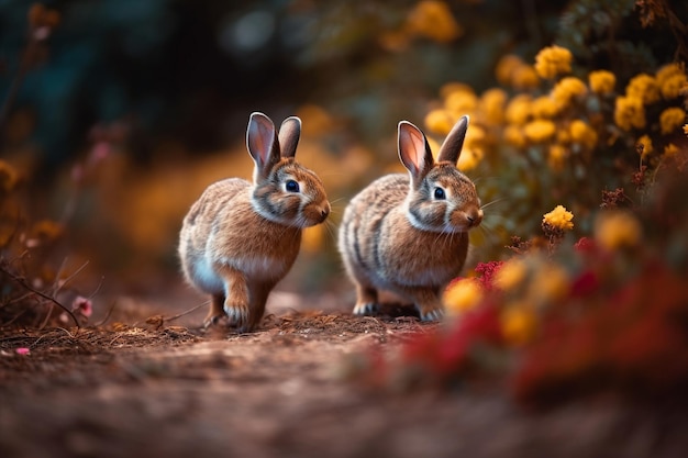 Two rabbits in a forest with yellow flowers