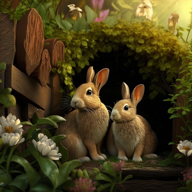 Two rabbits in a garden with flowers and a wooden fence